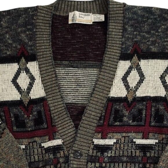 VTG London Fog Cardigan Sweater Men L Gray Button USA Grandpa Cosby Cobain Cabin - Picture 2 of 8